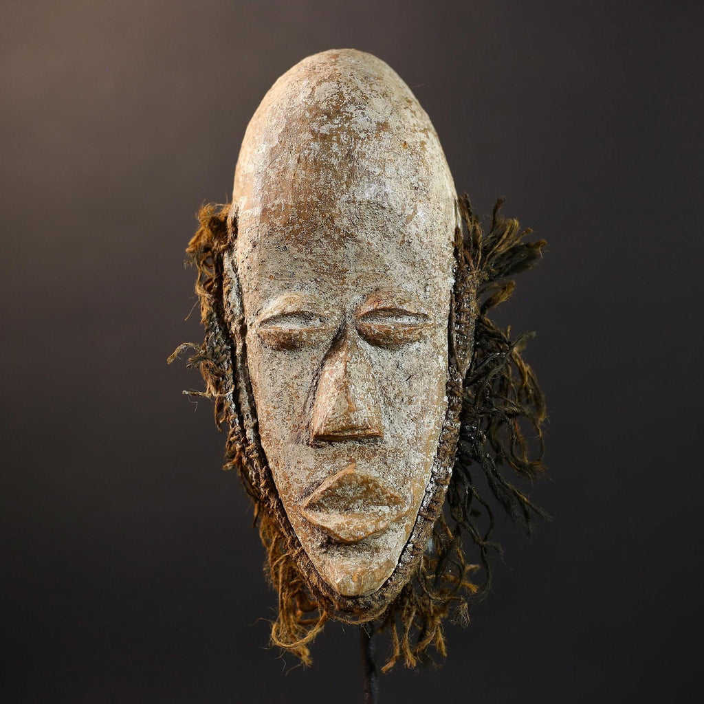African Dan Mask | White Kaolin Wood Mask | Hand-Carved Tribal Wall Art | Spirit Face Sculpture | Traditional Raffia African Decor-G5249