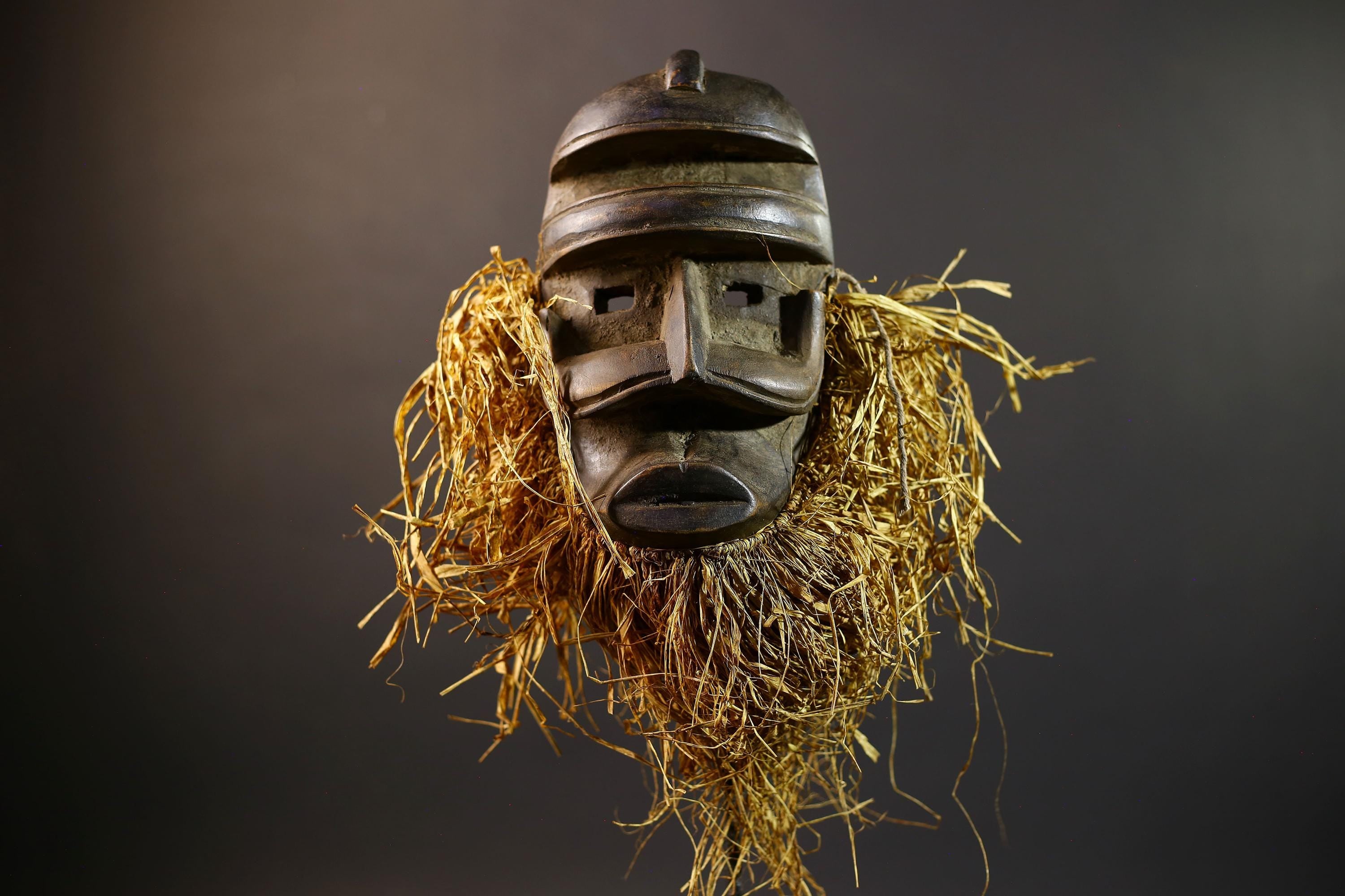 African Tribal Mask | Dan Helmet Mask | Handcarved Wood Art | Raffia Beard Warrior Mask | African Spirit Sculpture Decor-G5270