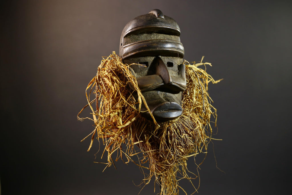 African Tribal Mask | Dan Helmet Mask | Handcarved Wood Art | Raffia Beard Warrior Mask | African Spirit Sculpture Decor-G5270