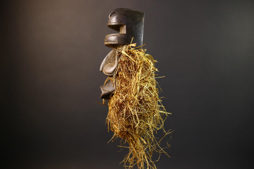 African Tribal Mask | Dan Helmet Mask | Handcarved Wood Art | Raffia Beard Warrior Mask | African Spirit Sculpture Decor-G5270
