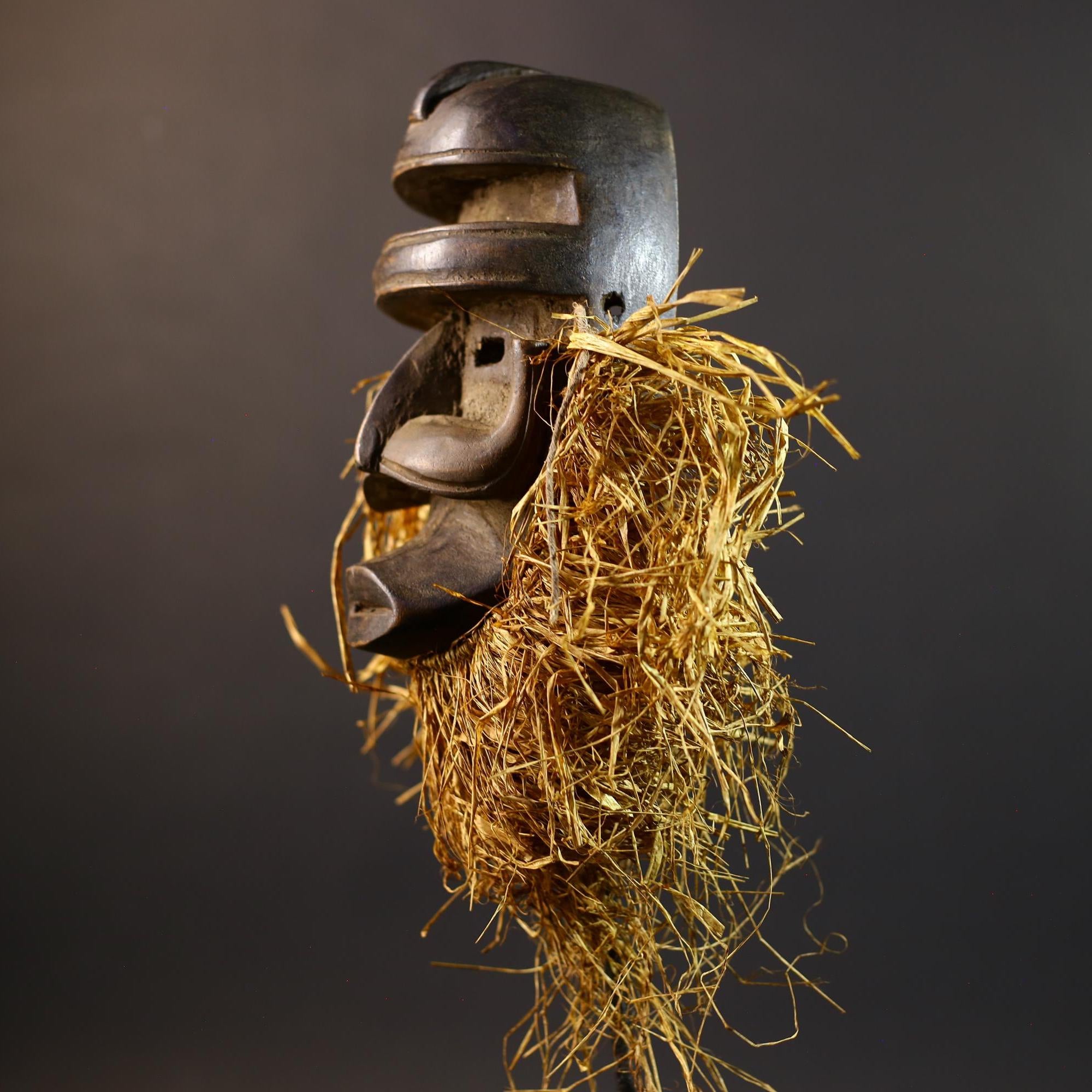 African Tribal Mask | Dan Helmet Mask | Handcarved Wood Art | Raffia Beard Warrior Mask | African Spirit Sculpture Decor-G5270