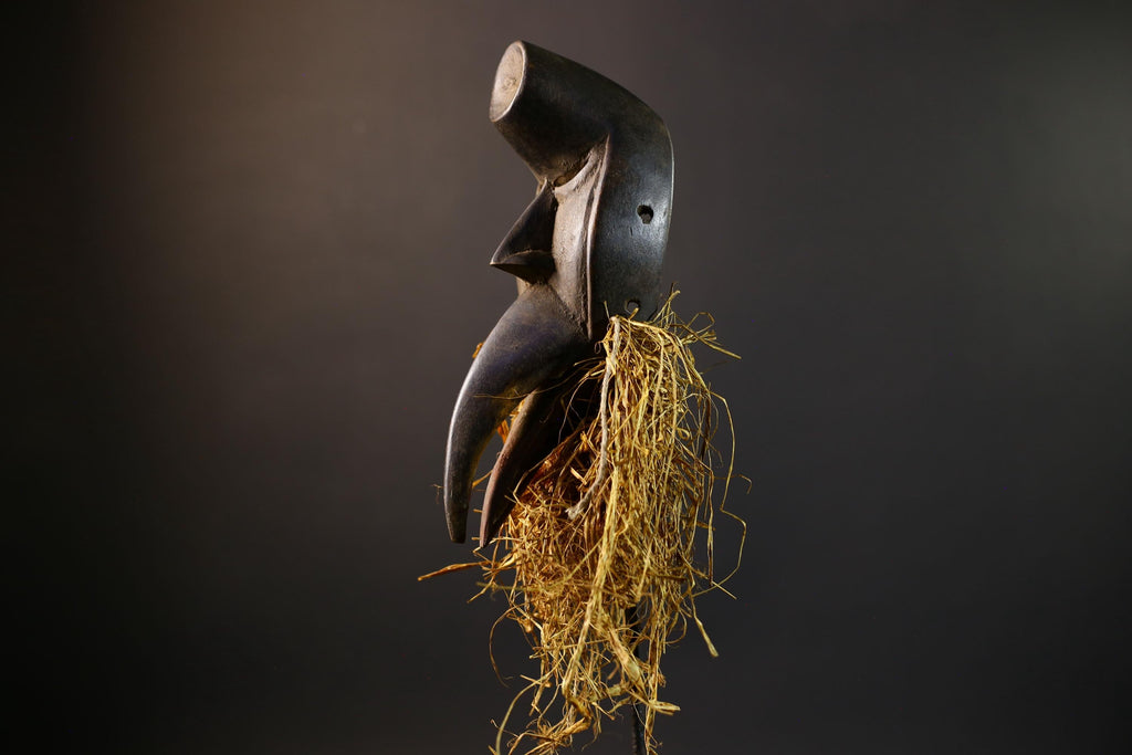 African Tribal Mask | Dan Bird Mask | Handcarved Wood Art | Raffia Beard Spirit Mask | African Figurine Wall Sculpture Decor-G5269