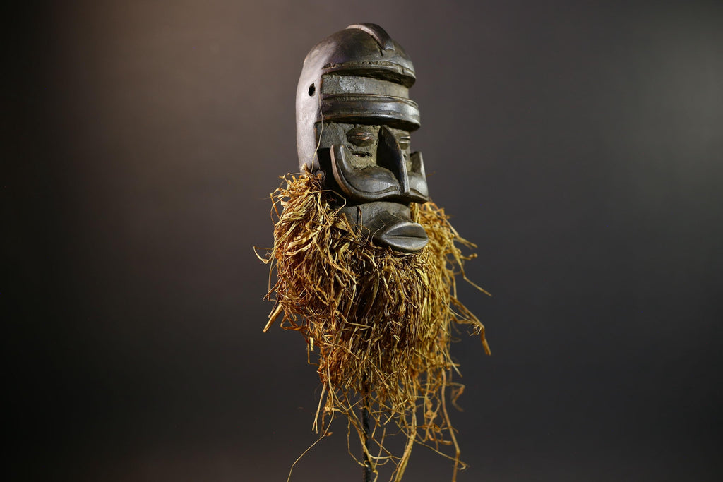 African Tribal Mask | Dan Bird Mask | Handcarved Wood Art | Raffia Beard Spirit Mask | African Figurine Wall Sculpture Decor-G5268
