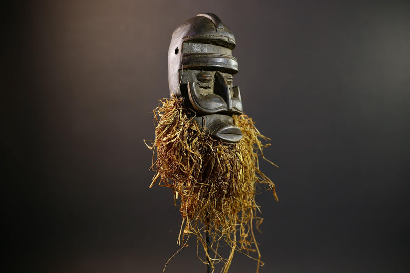 African Tribal Mask | Dan Bird Mask | Handcarved Wood Art | Raffia Beard Spirit Mask | African Figurine Wall Sculpture Decor-G5268