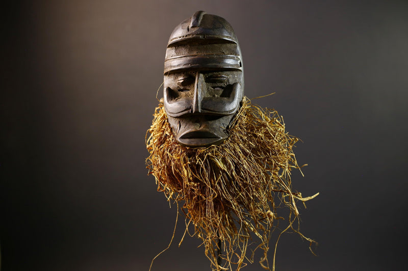 African Tribal Mask | Dan Bird Mask | Handcarved Wood Art | Raffia Beard Spirit Mask | African Figurine Wall Sculpture Decor-G5268