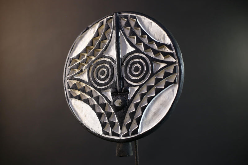 African Bwa Sun Mask | Hand-Carved Wood Wall Art | Tribal Burkina Faso Decor | Blue White Brown Mask | Vintage Ritual Spirit Sculpture-G5267