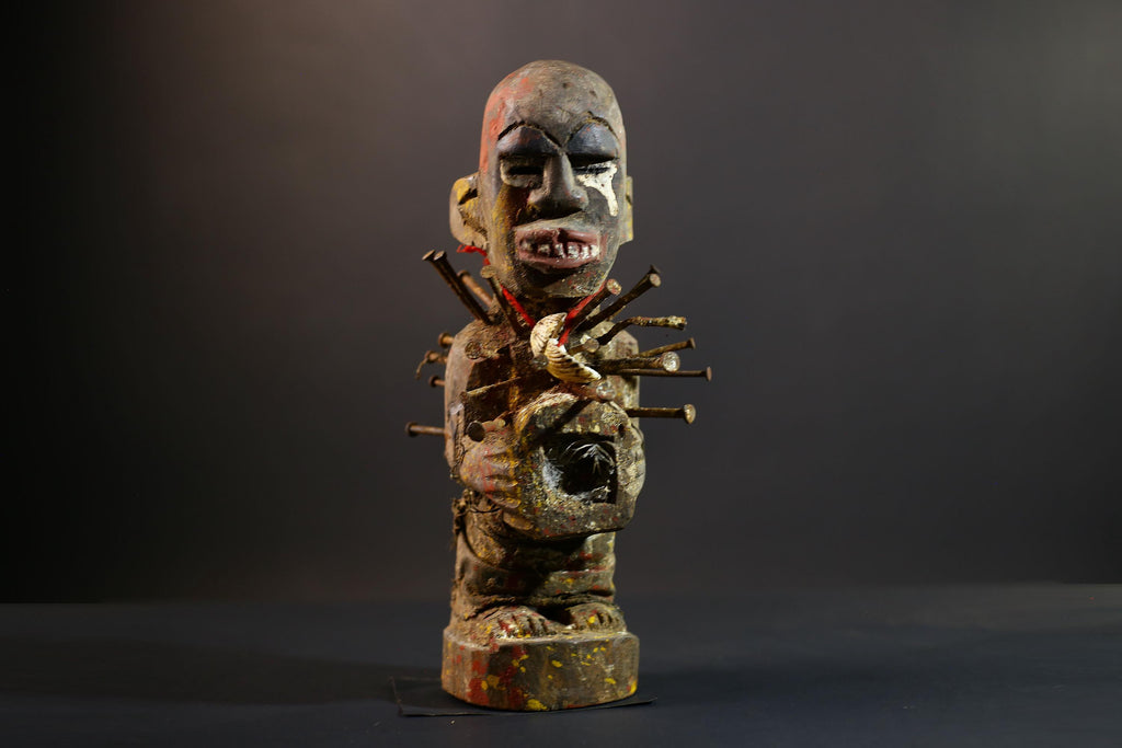 African Nkisi Nkondi Figure | Tribal Power Statue with Nails | Handcarved Fetish Figurine | Antique Voodoo Spirit Sculpture Decor-G5264