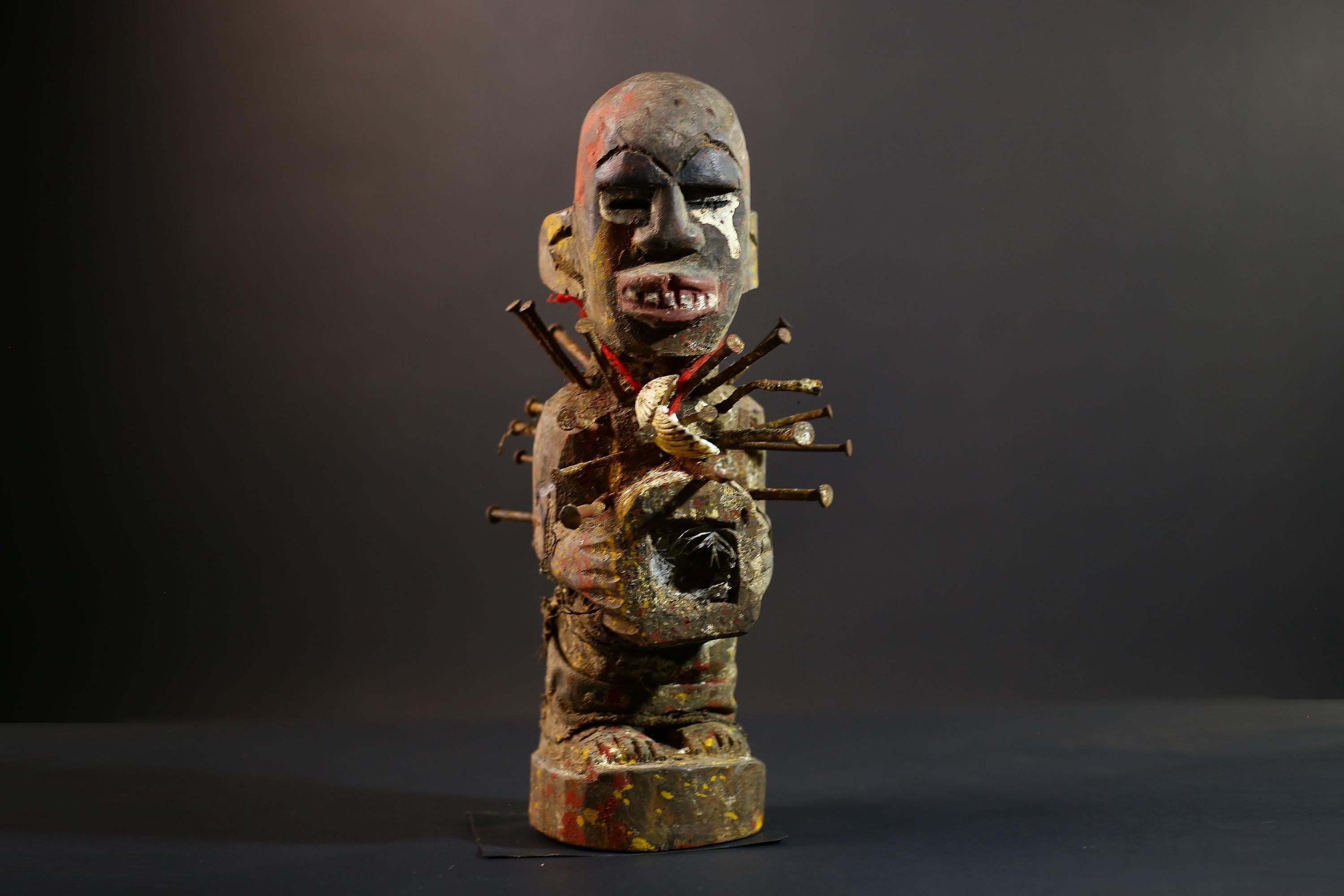 African Nkisi Nkondi Figure | Tribal Power Statue with Nails | Handcarved Fetish Figurine | Antique Voodoo Spirit Sculpture Decor-G5264