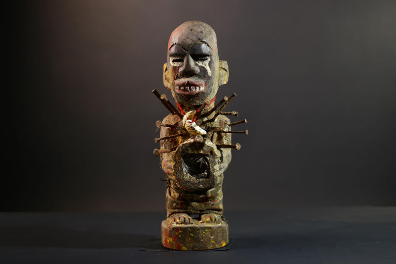 African Nkisi Nkondi Figure | Tribal Power Statue with Nails | Handcarved Fetish Figurine | Antique Voodoo Spirit Sculpture Decor-G5264