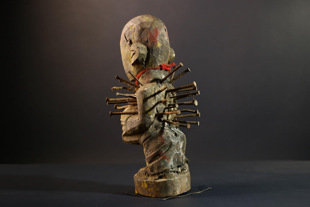 African Nkisi Nkondi Figure | Tribal Power Statue with Nails | Handcarved Fetish Figurine | Antique Voodoo Spirit Sculpture Decor-G5264