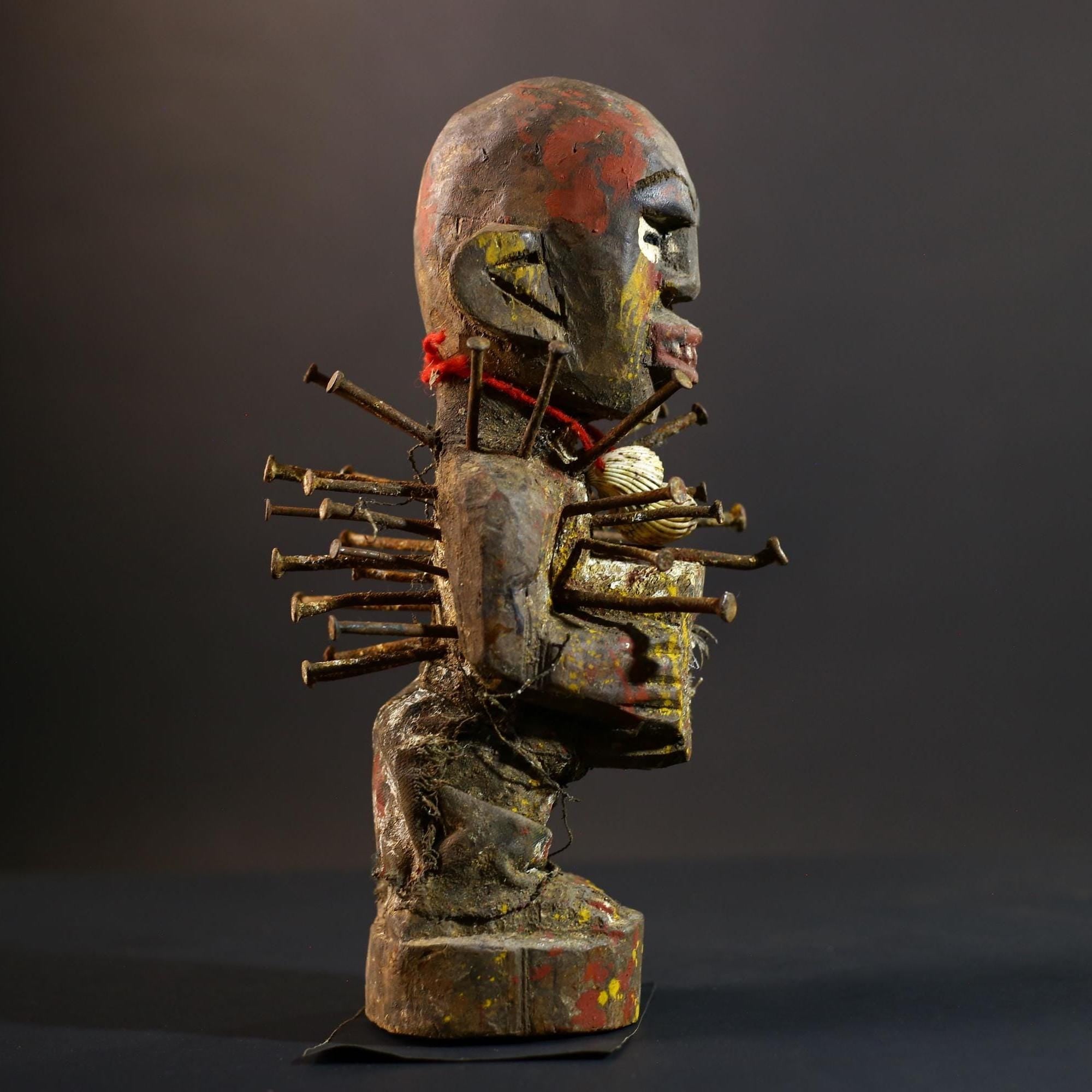 African Nkisi Nkondi Figure | Tribal Power Statue with Nails | Handcarved Fetish Figurine | Antique Voodoo Spirit Sculpture Decor-G5264