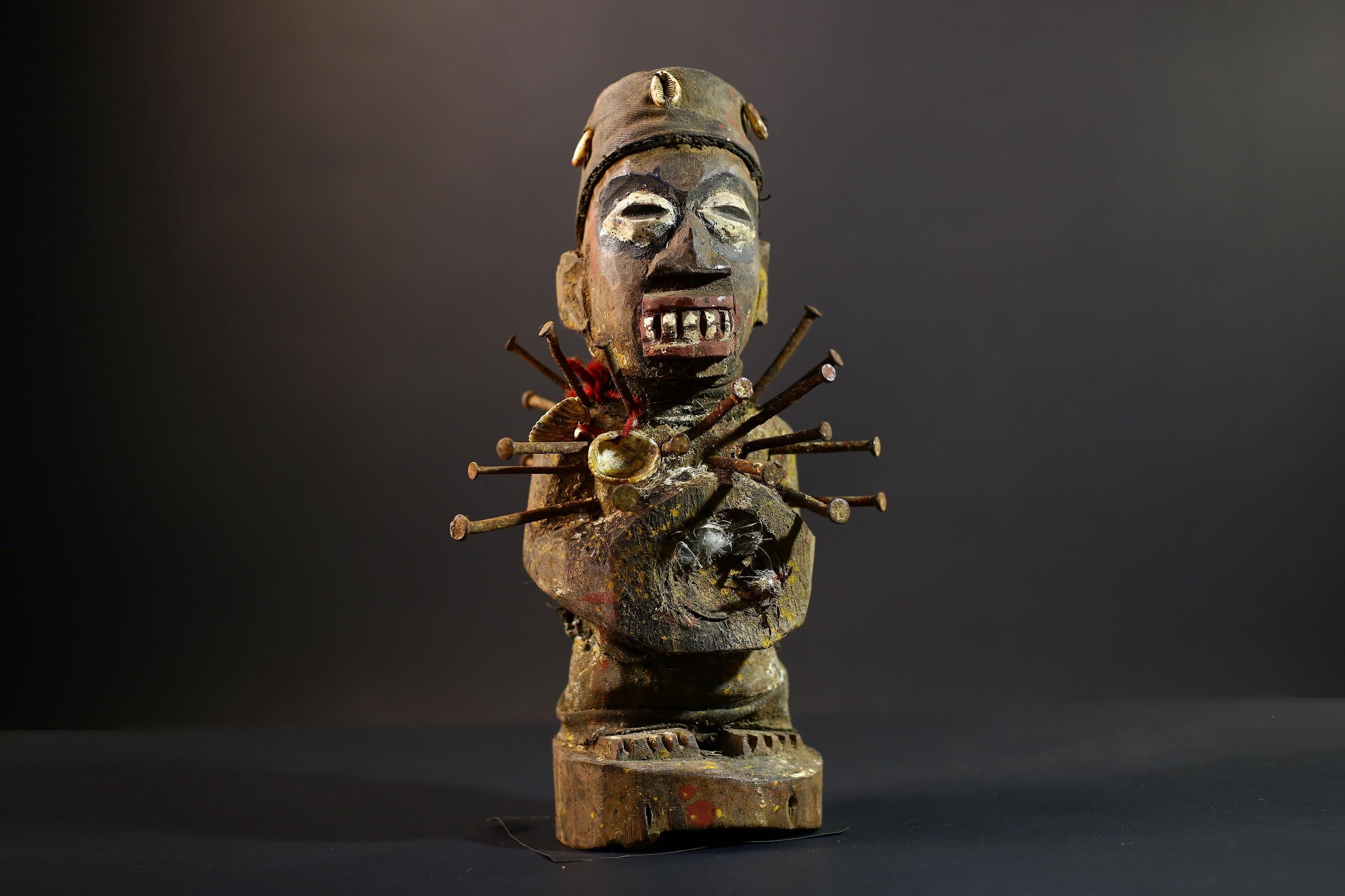 African Nkisi Nkondi Statue | Tribal Power Figure Nails Shells | Authentic Handcarved Fetish Figurine | Spirit Voodoo Sculpture Decor-G5263
