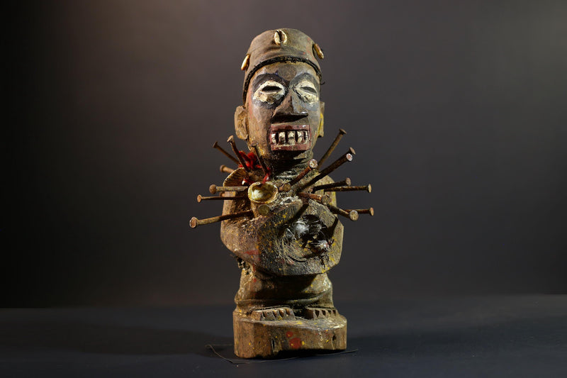 African Nkisi Nkondi Statue | Tribal Power Figure Nails Shells | Authentic Handcarved Fetish Figurine | Spirit Voodoo Sculpture Decor-G5263
