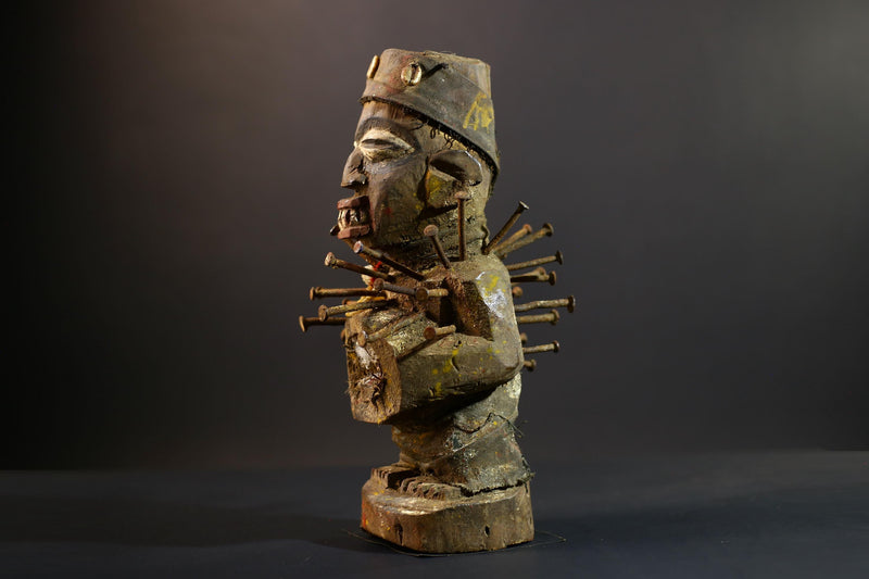 African Nkisi Nkondi Statue | Tribal Power Figure Nails Shells | Authentic Handcarved Fetish Figurine | Spirit Voodoo Sculpture Decor-G5263