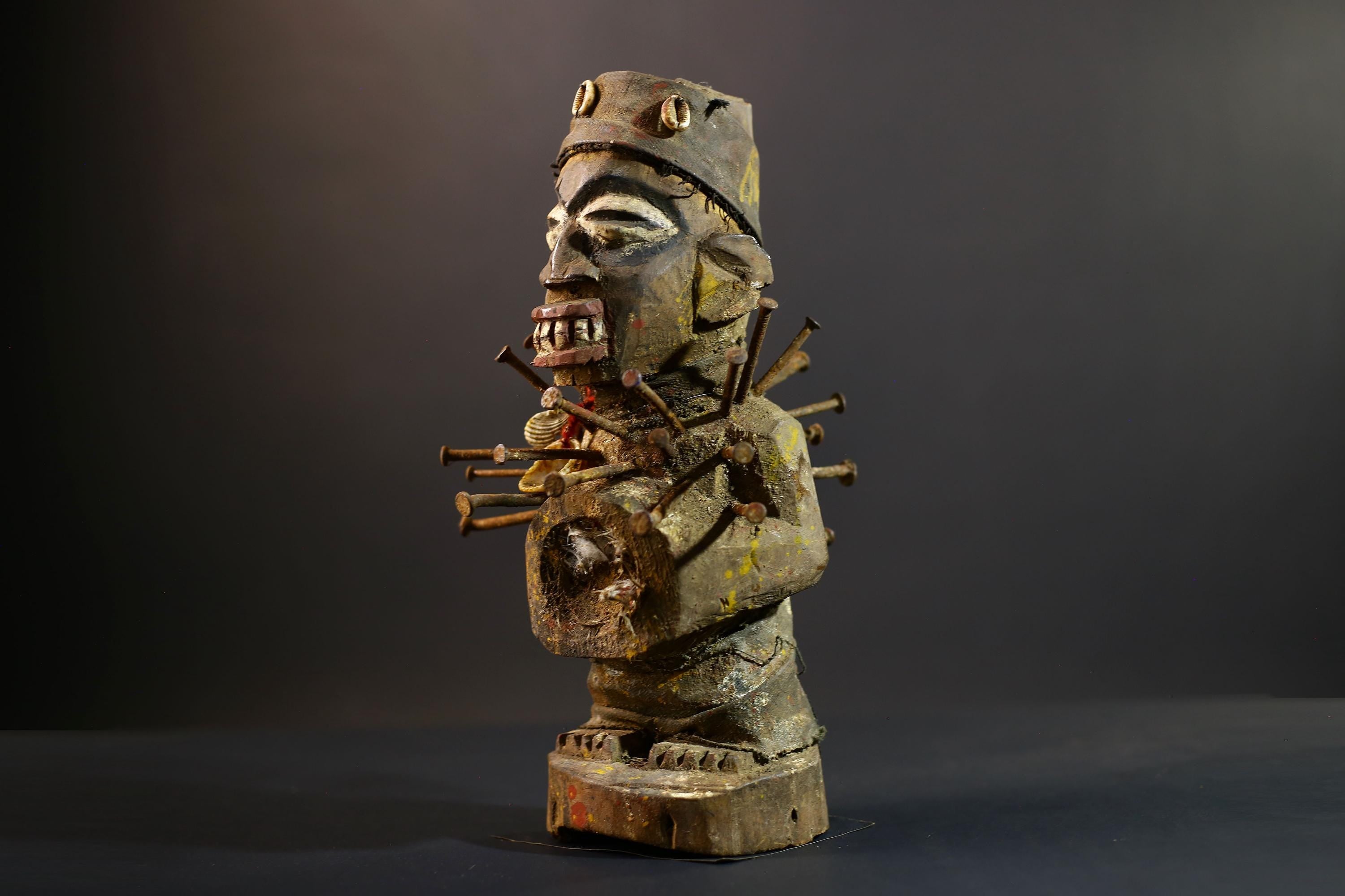 African Nkisi Nkondi Statue | Tribal Power Figure Nails Shells | Authentic Handcarved Fetish Figurine | Spirit Voodoo Sculpture Decor-G5263