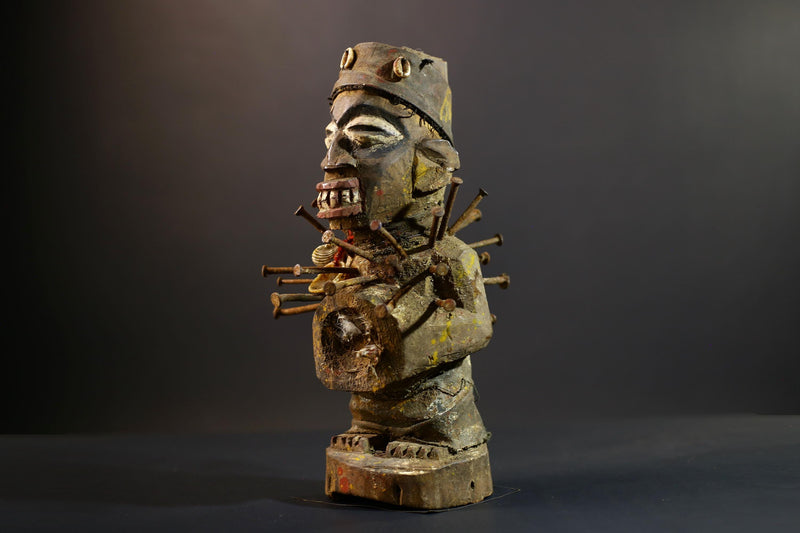 African Nkisi Nkondi Statue | Tribal Power Figure Nails Shells | Authentic Handcarved Fetish Figurine | Spirit Voodoo Sculpture Decor-G5263