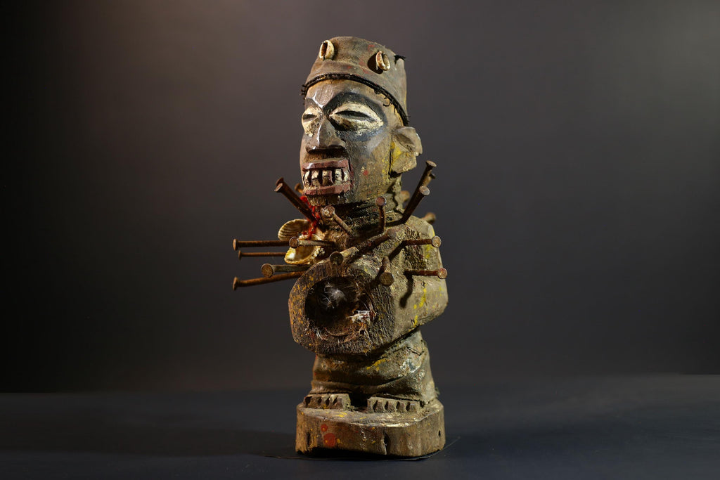 African Nkisi Nkondi Statue | Tribal Power Figure Nails Shells | Authentic Handcarved Fetish Figurine | Spirit Voodoo Sculpture Decor-G5263