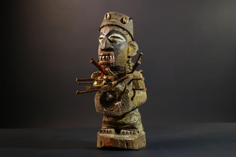 African Nkisi Nkondi Statue | Tribal Power Figure Nails Shells | Authentic Handcarved Fetish Figurine | Spirit Voodoo Sculpture Decor-G5263