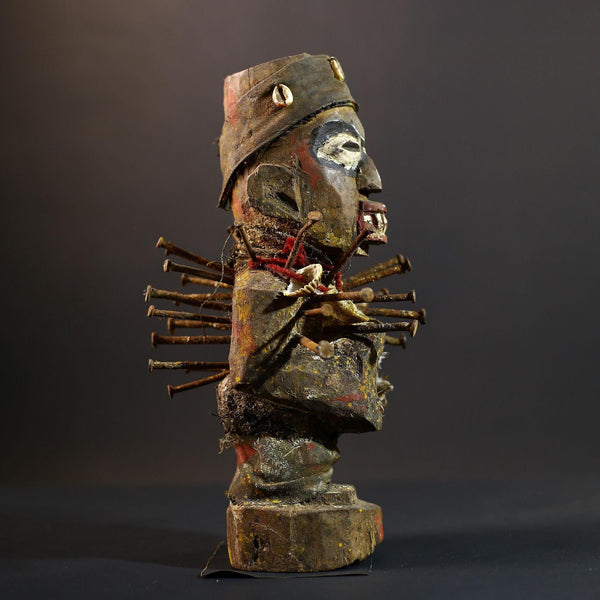 African Nkisi Nkondi Statue | Tribal Power Figure Nails Shells | Authentic Handcarved Fetish Figurine | Spirit Voodoo Sculpture Decor-G5263