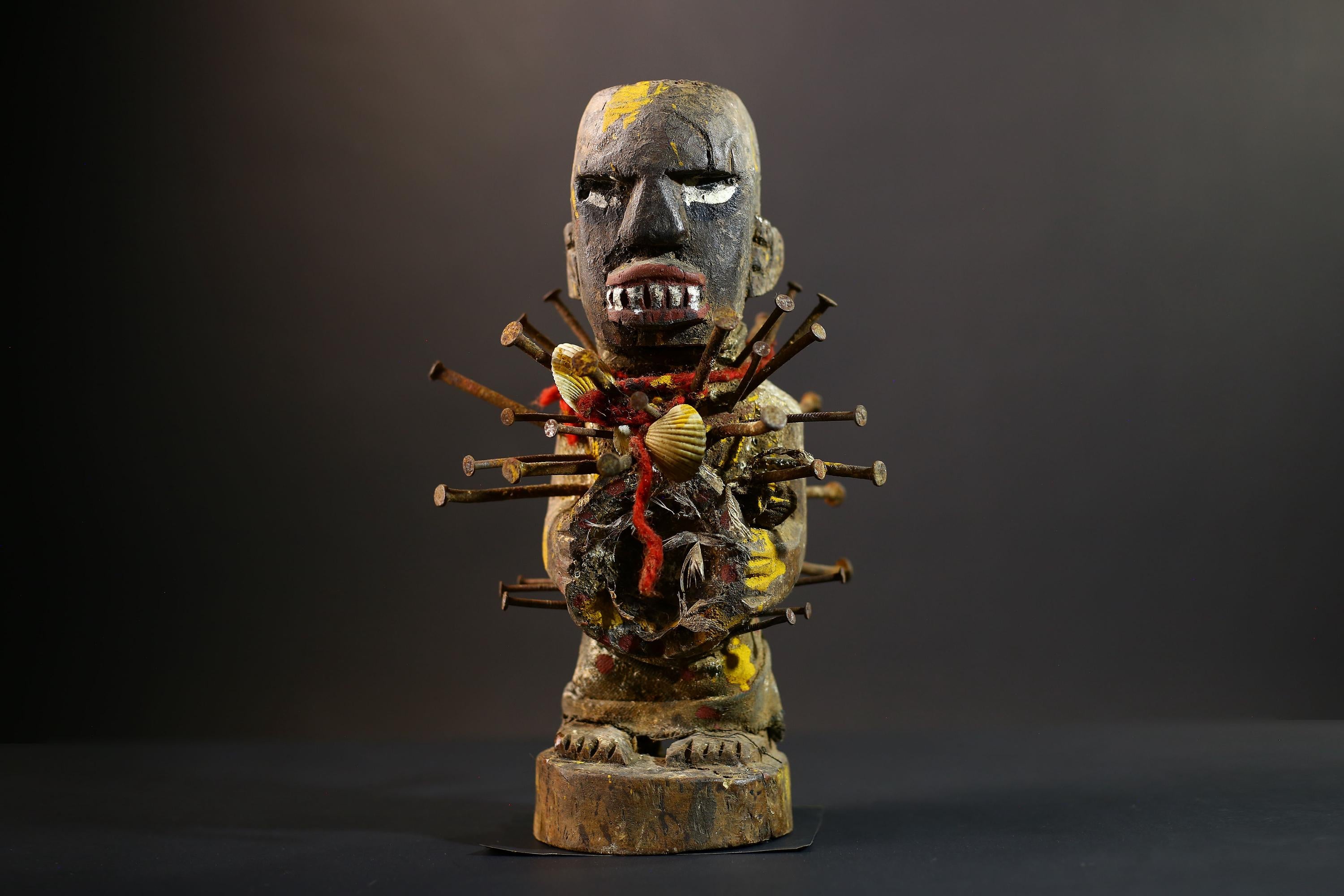 African Nkisi Nkondi Statue | Tribal Power Figure Nails Shells | Authentic Handcarved Fetish Figurine | Spirit Voodoo Sculpture Decor-G5258