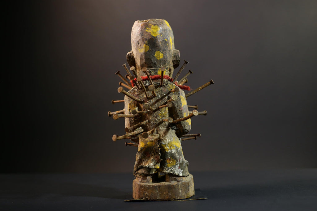 African Nkisi Nkondi Statue | Tribal Power Figure Nails Shells | Authentic Handcarved Fetish Figurine | Spirit Voodoo Sculpture Decor-G5258