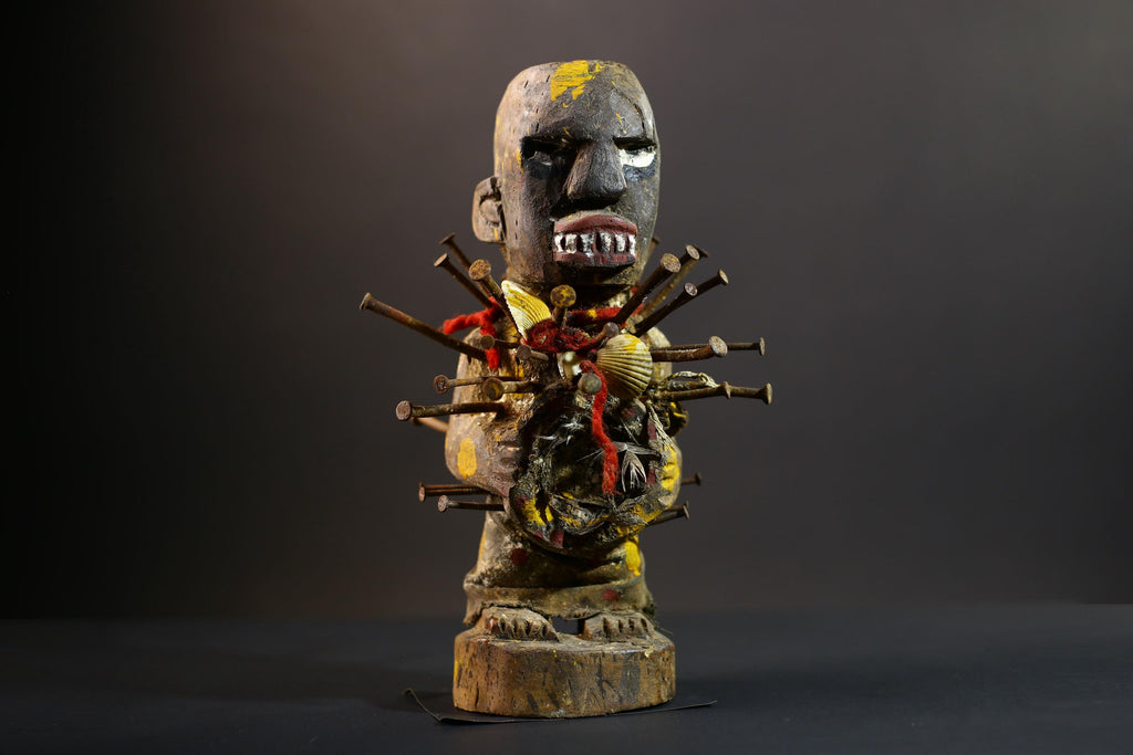 African Nkisi Nkondi Statue | Tribal Power Figure Nails Shells | Authentic Handcarved Fetish Figurine | Spirit Voodoo Sculpture Decor-G5258