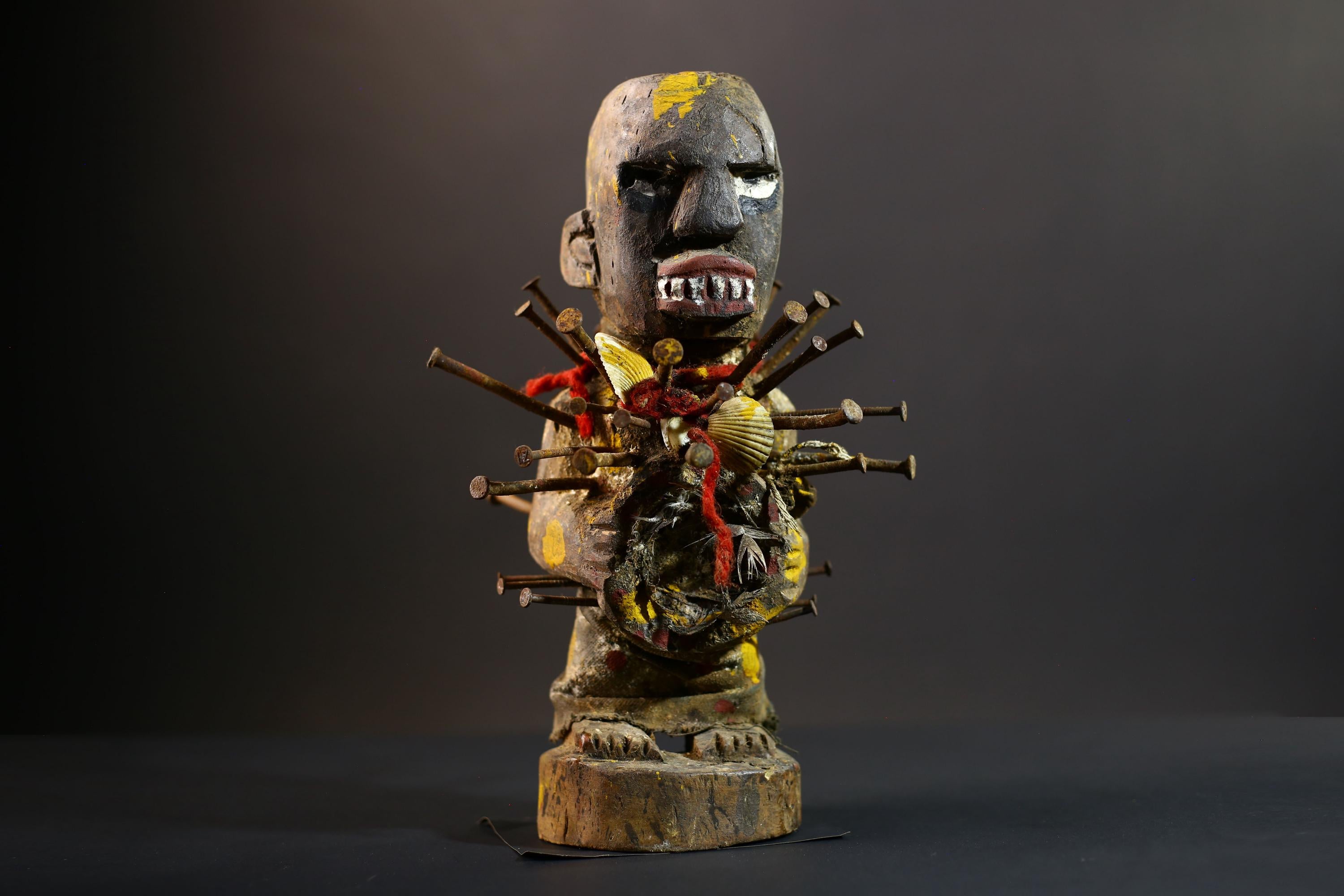 African Nkisi Nkondi Statue | Tribal Power Figure Nails Shells | Authentic Handcarved Fetish Figurine | Spirit Voodoo Sculpture Decor-G5258