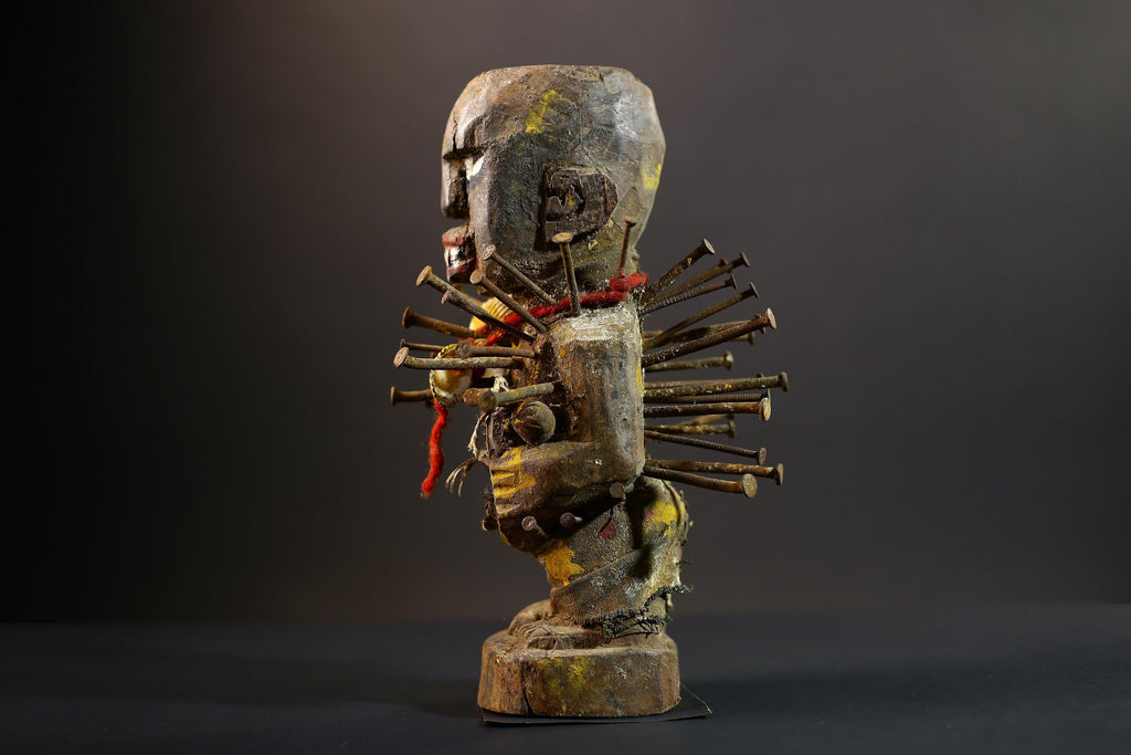 African Nkisi Nkondi Statue | Tribal Power Figure Nails Shells | Authentic Handcarved Fetish Figurine | Spirit Voodoo Sculpture Decor-G5258