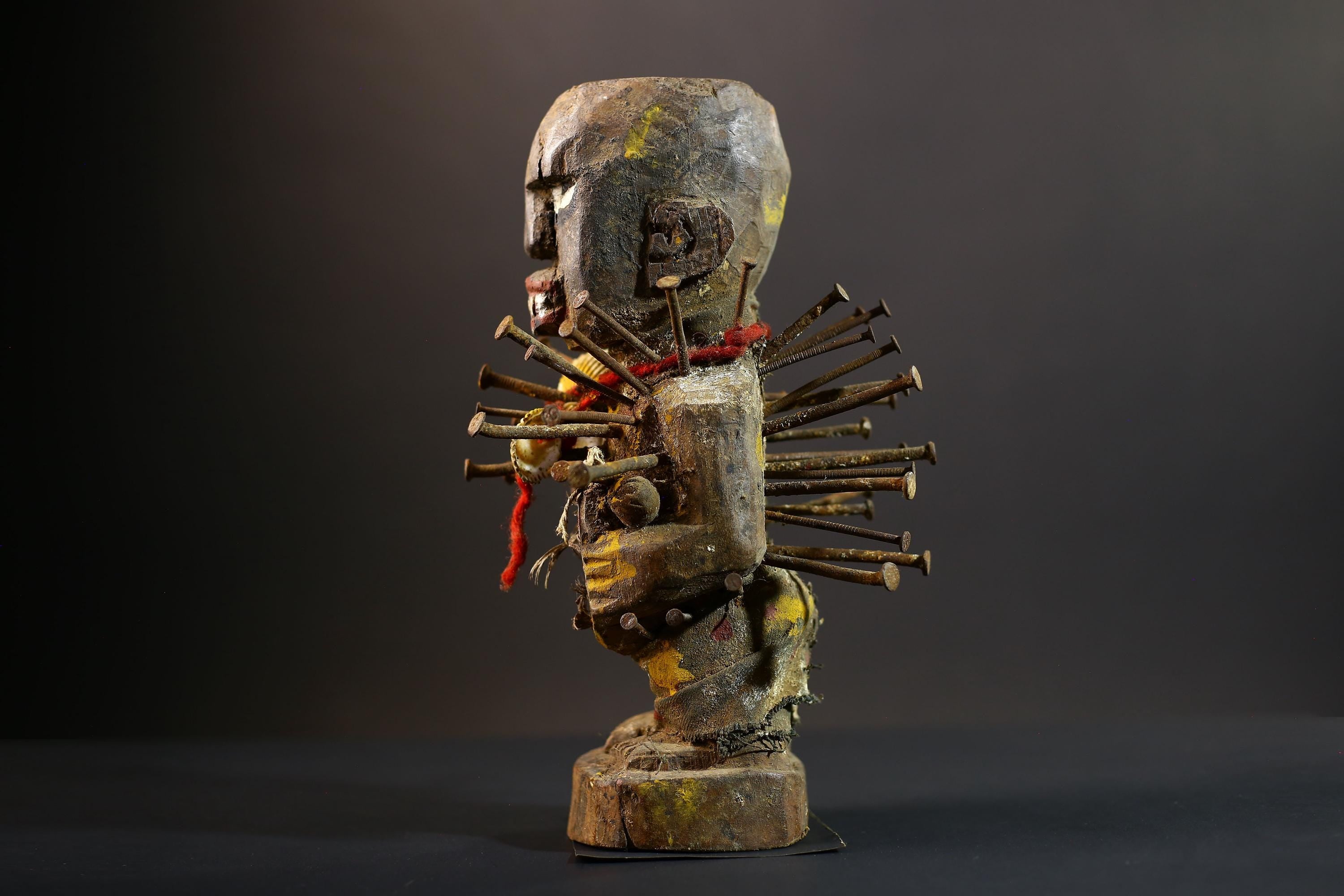 African Nkisi Nkondi Statue | Tribal Power Figure Nails Shells | Authentic Handcarved Fetish Figurine | Spirit Voodoo Sculpture Decor-G5258