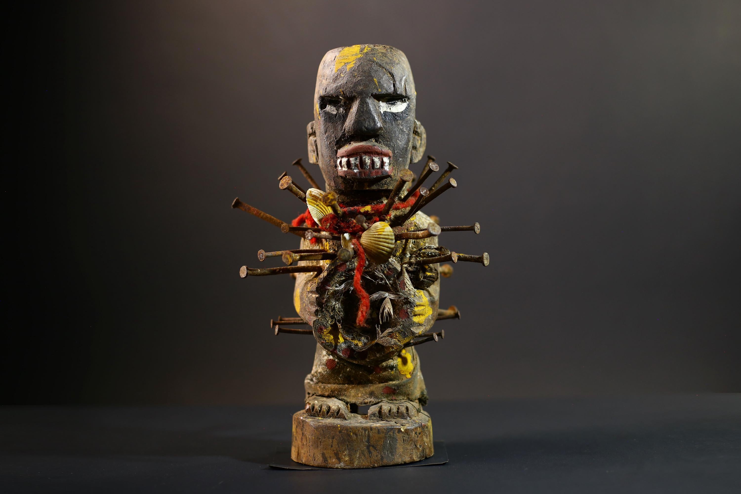 African Nkisi Nkondi Statue | Tribal Power Figure Nails Shells | Authentic Handcarved Fetish Figurine | Spirit Voodoo Sculpture Decor-G5258