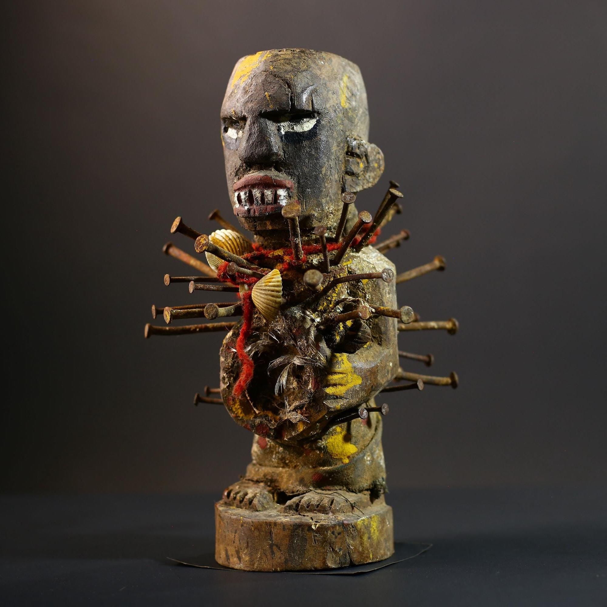 African Nkisi Nkondi Statue | Tribal Power Figure Nails Shells | Authentic Handcarved Fetish Figurine | Spirit Voodoo Sculpture Decor-G5258