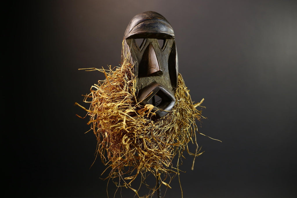 African Raffia Mask | Hand-Carved Wood Figurine | Tribal Fringe Decor | Ethnic Wall Art-G5278