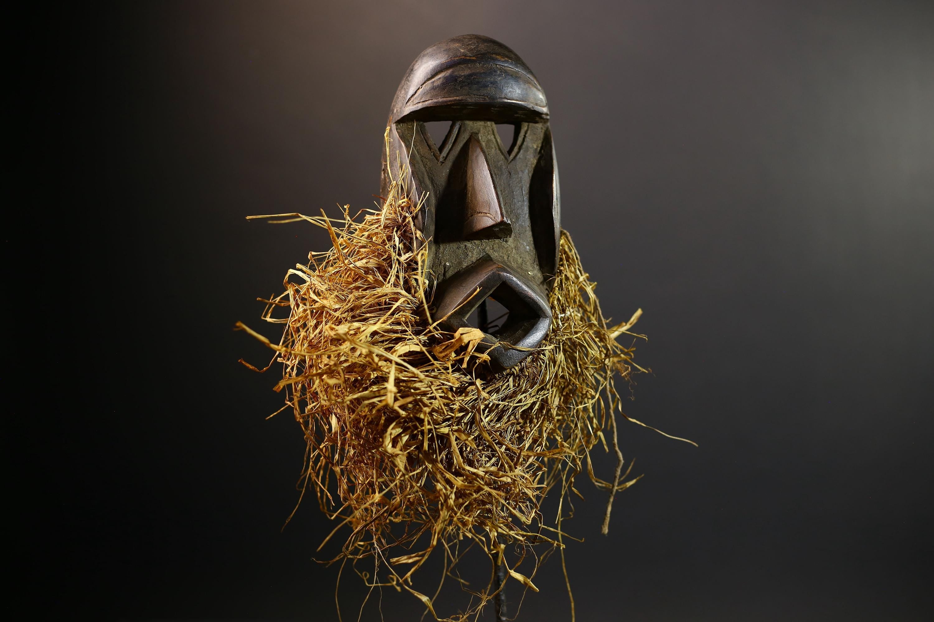 African Raffia Mask | Hand-Carved Wood Figurine | Tribal Fringe Decor | Ethnic Wall Art-G5278