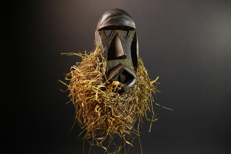 African Raffia Mask | Hand-Carved Wood Figurine | Tribal Fringe Decor | Ethnic Wall Art-G5278