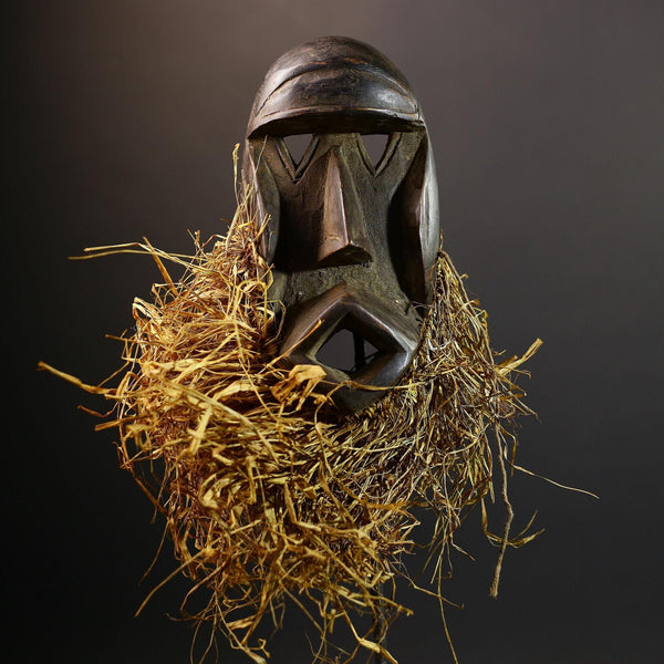 African Raffia Mask | Hand-Carved Wood Figurine | Tribal Fringe Decor | Ethnic Wall Art-G5278