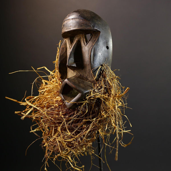 African Raffia Mask | Hand-Carved Wood Figurine | Tribal Fringe Decor | Ethnic Wall Art-G5278