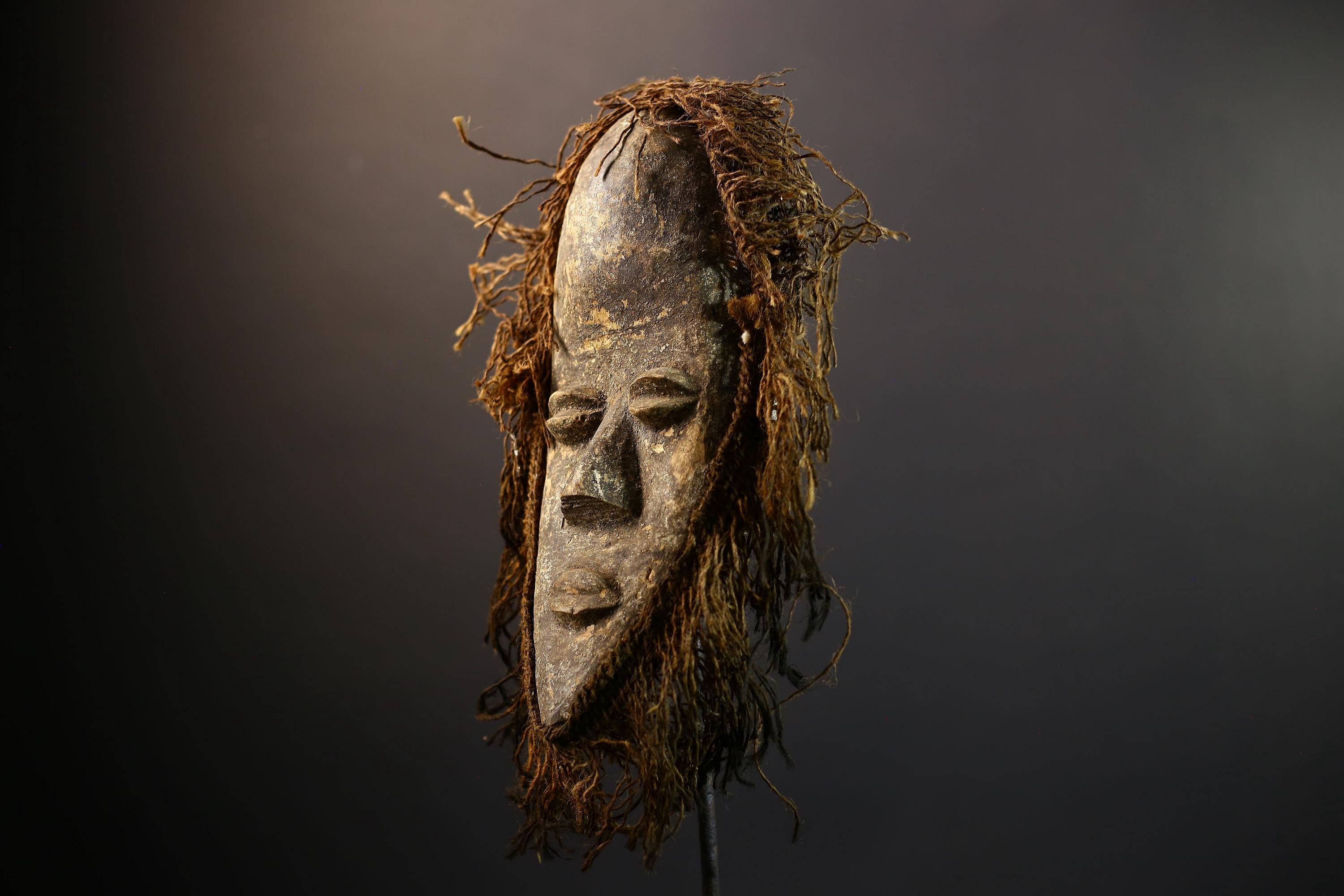 African Dan Mask | Tribal Dan Masks | Hand-Carved Wood Mask | Natural Fiber Fringe Decor | Vintage Ethnic Wall Mask-G5277