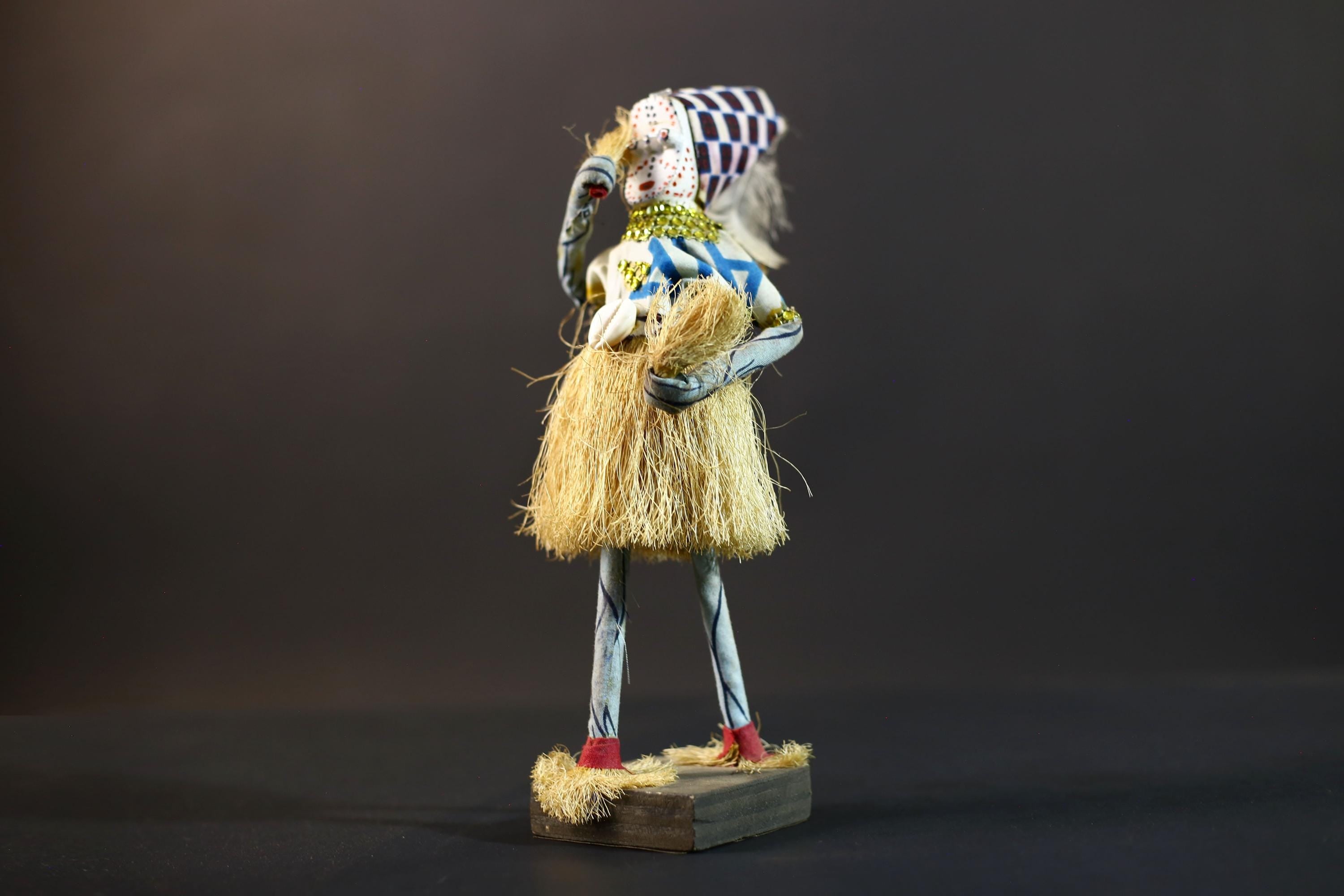 African Raffia Masquerade Doll | Handcrafted Tribal Figurine | Multicolor Folk Art | Wood Base Decor-G5276