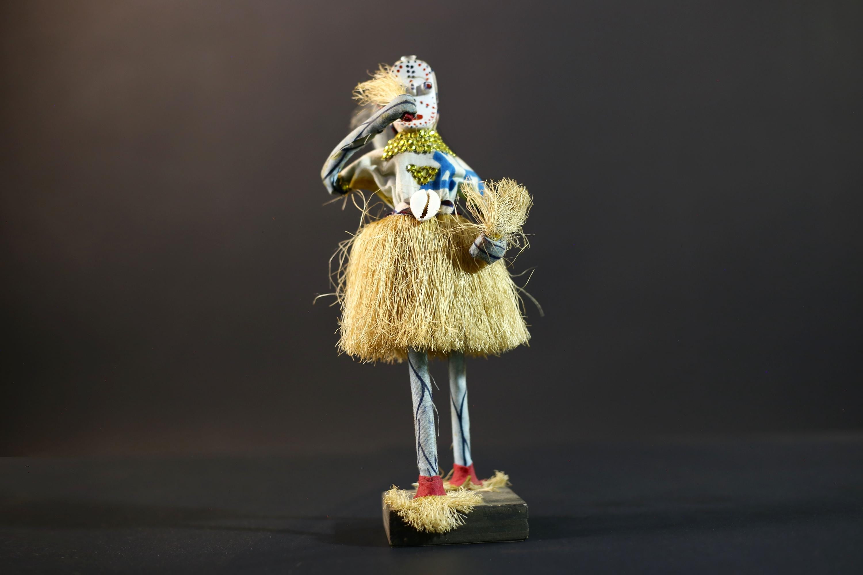 African Raffia Masquerade Doll | Handcrafted Tribal Figurine | Multicolor Folk Art | Wood Base Decor-G5276
