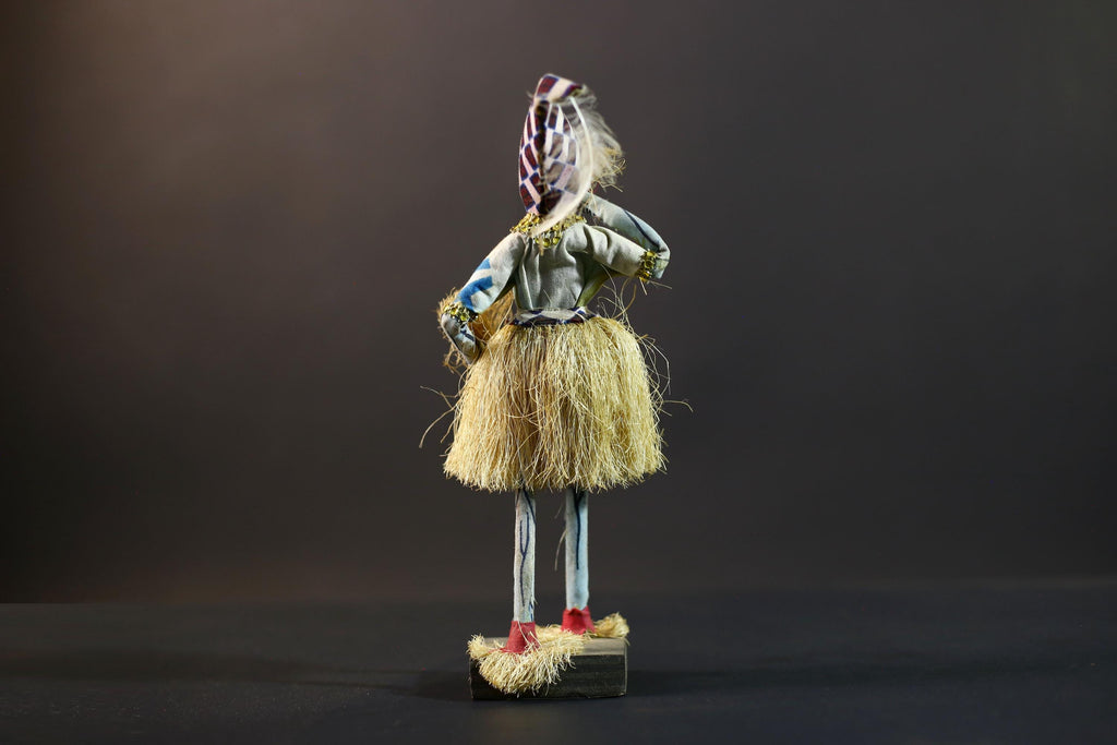 African Raffia Masquerade Doll | Handcrafted Tribal Figurine | Multicolor Folk Art | Wood Base Decor-G5276