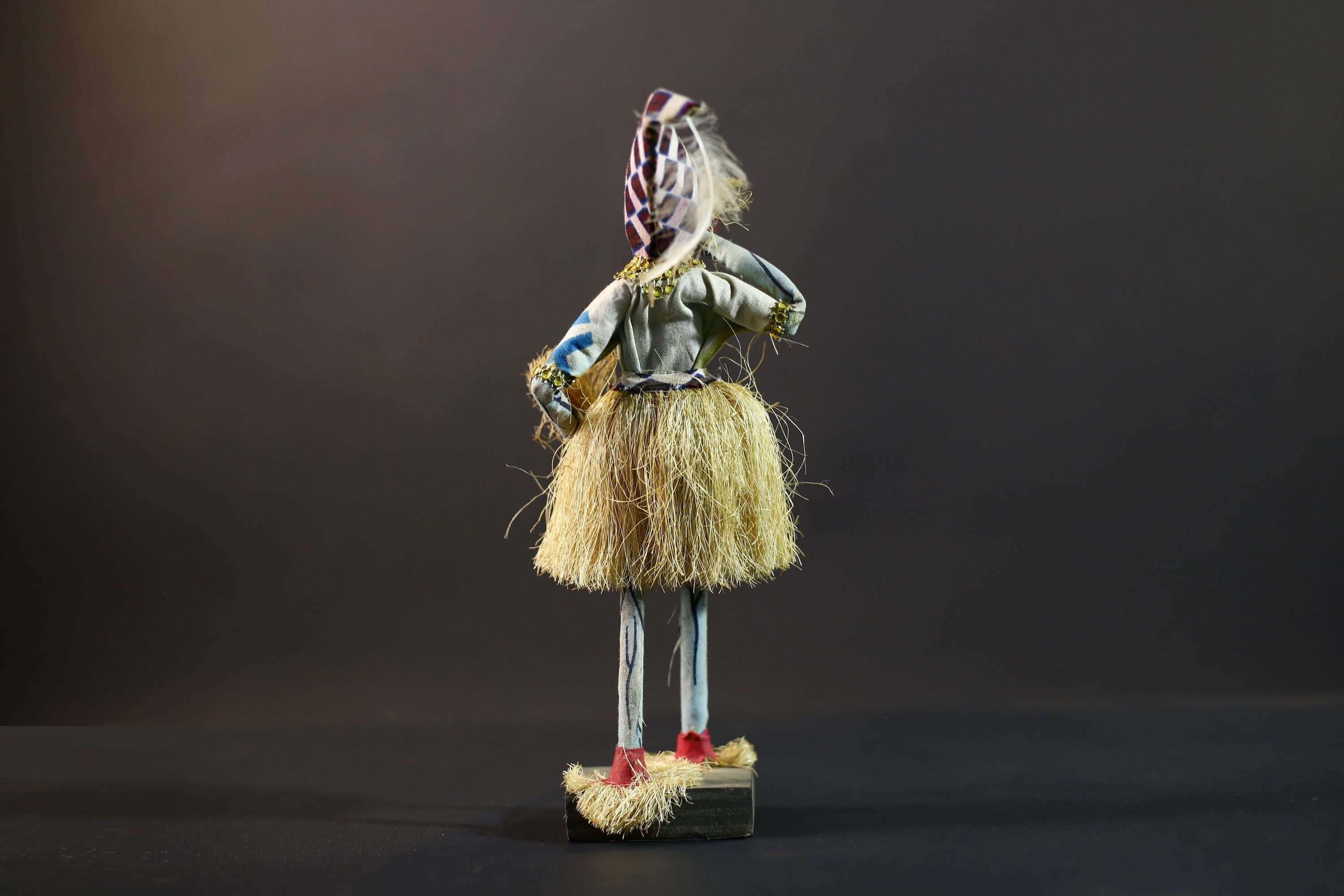 African Raffia Masquerade Doll | Handcrafted Tribal Figurine | Multicolor Folk Art | Wood Base Decor-G5276