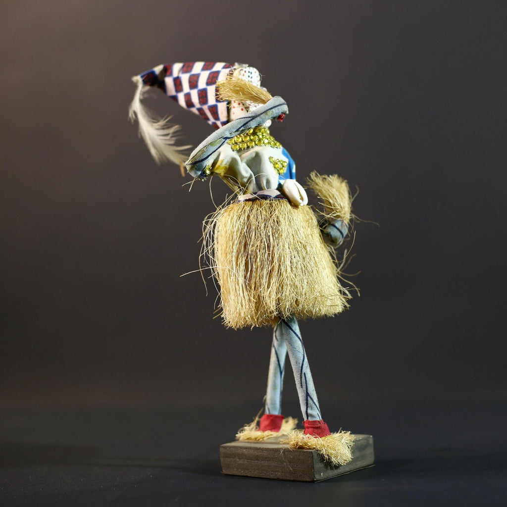 African Raffia Masquerade Doll | Handcrafted Tribal Figurine | Multicolor Folk Art | Wood Base Decor-G5276