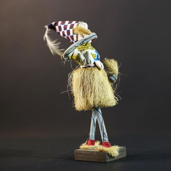 African Raffia Masquerade Doll | Handcrafted Tribal Figurine | Multicolor Folk Art | Wood Base Decor-G5276