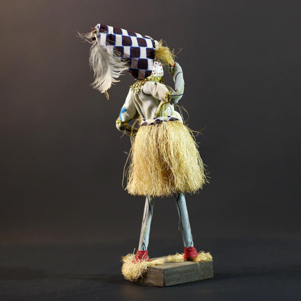 African Raffia Masquerade Doll | Handcrafted Tribal Figurine | Multicolor Folk Art | Wood Base Decor-G5276
