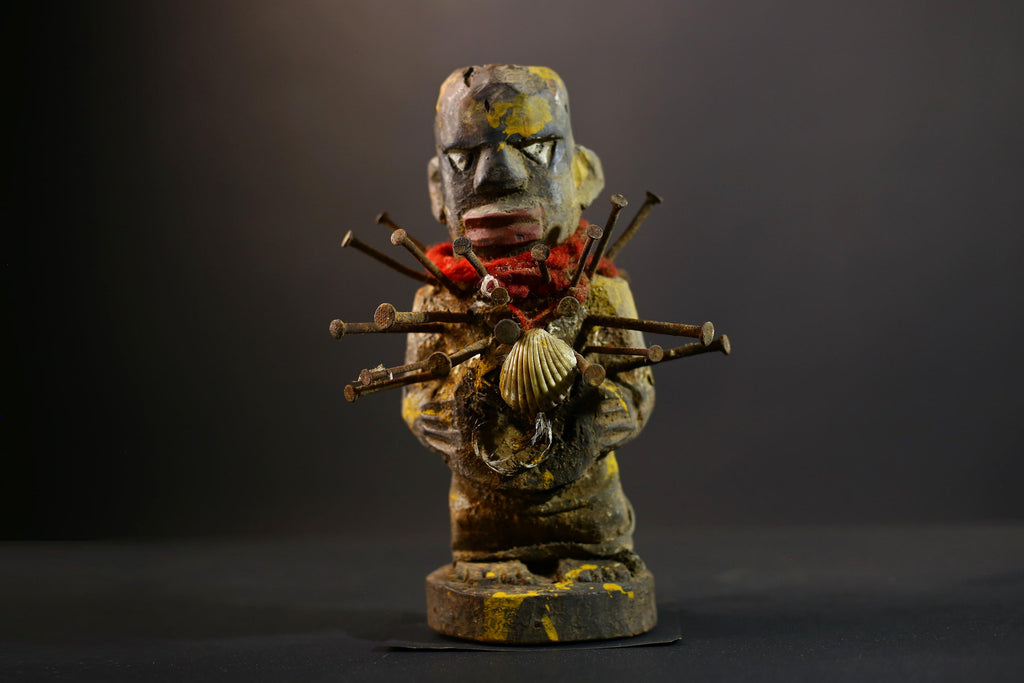 African Kongo Nkisi Nkonde | Nail Fetish Figurine | Hand-Carved Wood Sculpture | Multicolor Tribal Art-G5274