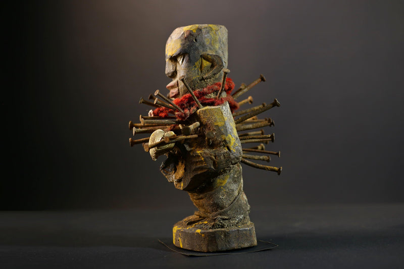 African Kongo Nkisi Nkonde | Nail Fetish Figurine | Hand-Carved Wood Sculpture | Multicolor Tribal Art-G5274