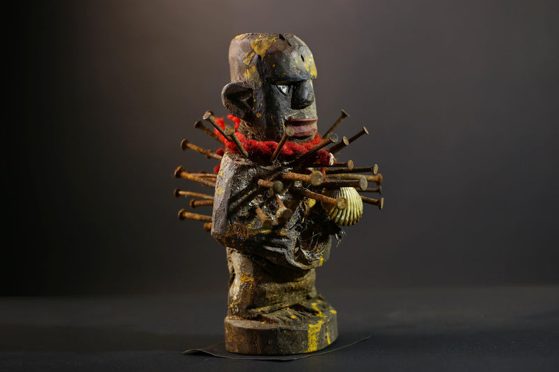 African Kongo Nkisi Nkonde | Nail Fetish Figurine | Hand-Carved Wood Sculpture | Multicolor Tribal Art-G5274