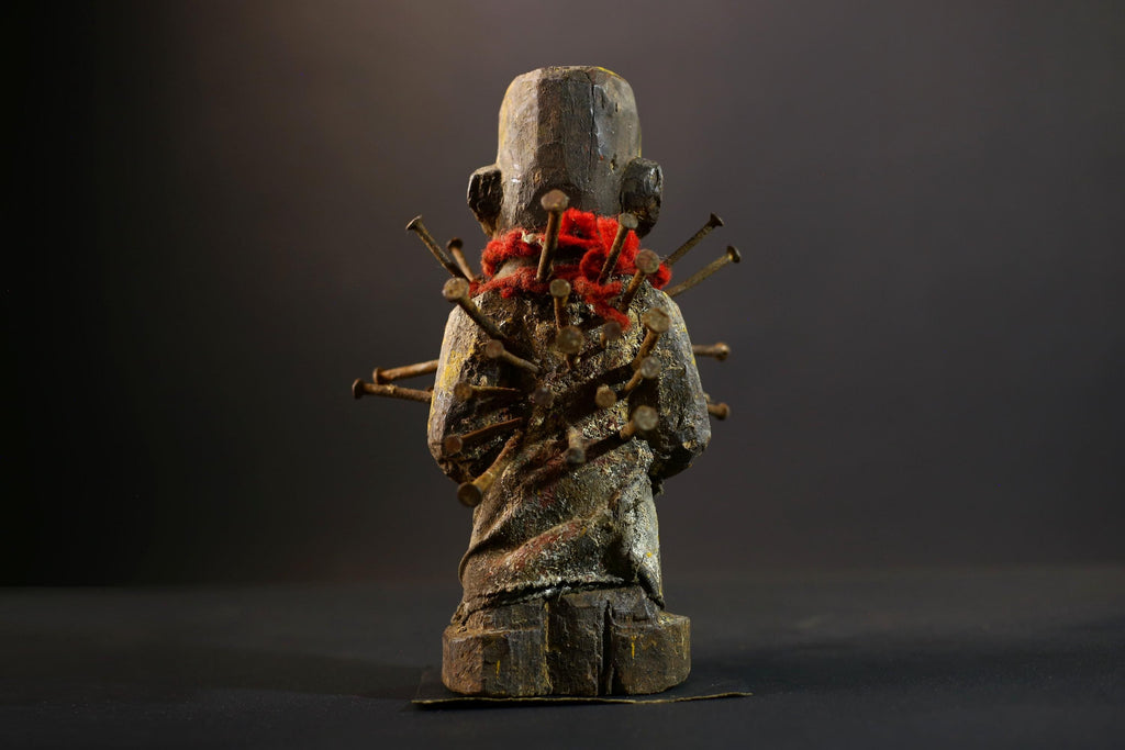 African Kongo Nkisi Nkonde | Nail Fetish Figurine | Hand-Carved Wood Sculpture | Multicolor Tribal Art-G5274