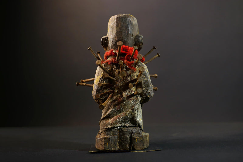 African Kongo Nkisi Nkonde | Nail Fetish Figurine | Hand-Carved Wood Sculpture | Multicolor Tribal Art-G5274
