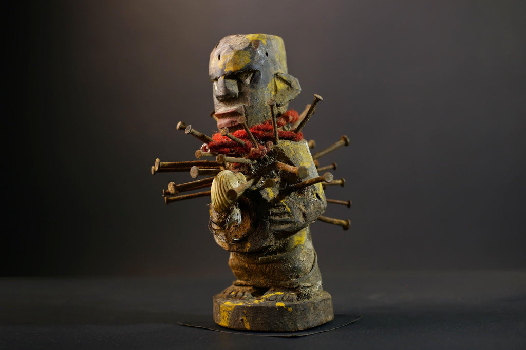 African Kongo Nkisi Nkonde | Nail Fetish Figurine | Hand-Carved Wood Sculpture | Multicolor Tribal Art-G5274